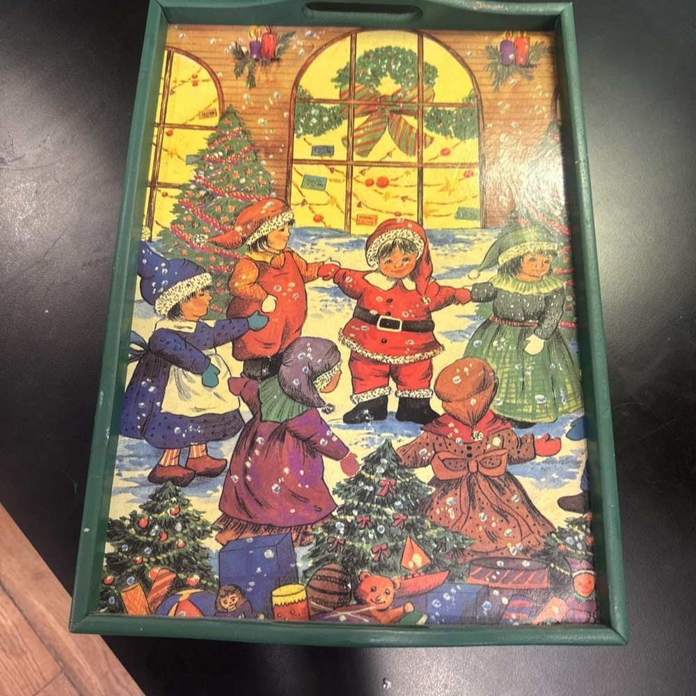 VTG wooden holiday Christmas serving tray Friendship, children, Danish? Swedish?